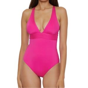 NEW Trina Turk Monaco One Piece Crossover Back Swimsuit Plunge Pink Size 14